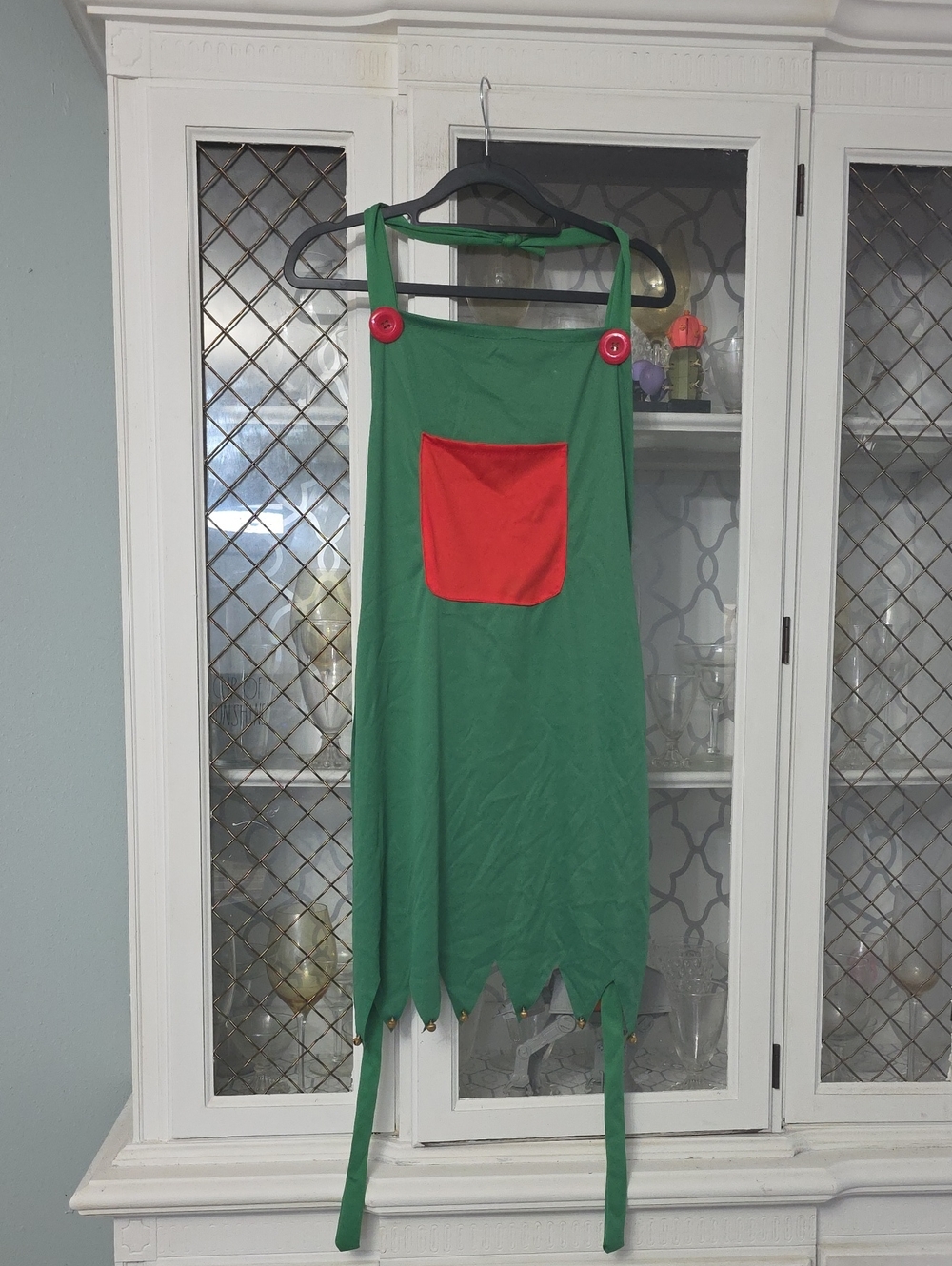 Women's Green Elf Apron Costume with Red Pocket